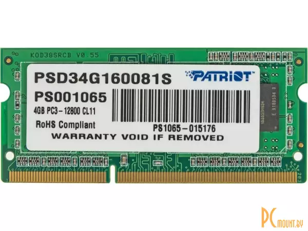Память для ноутбука SODDR3, 4GB, PC12800 (1600MHz), Patriot PSD34G160081S